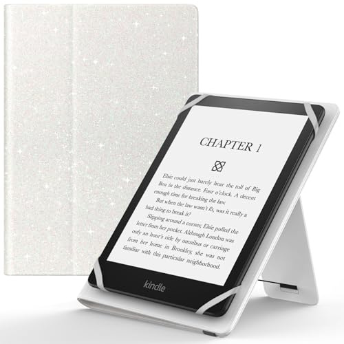 MoKo Universell Case för 6-7 eLäsare - Kompatibel med Kindle, Kobo, Voyage, Lenovo, Sony E-Bok Tab, Lättsjälvtråkad PU Leder Portföljsskydd med Handsträpare/Kickstand, Glittra Vit