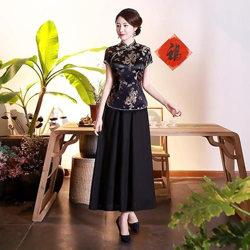 1) Chemisier traditionnel chinois pour femme Style Tang Dragon Phoenix Blouse Satin Shirt (L Noir)