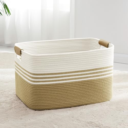 Grand panier à linge, panier de rangement en coton tressé avec anse en cuir pour vêtements, jouets, coussins, couverture, panier pour salon, chambre d'enfant, chambre à coucher, 55 x 43 x 30 cm, kaki