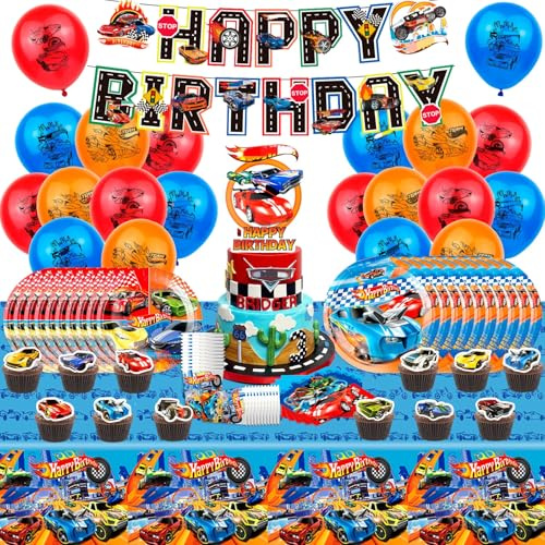 83Pcs Birthday Decoration, Car Party Tableware Set, Party Supplies Happy Birthday Banner Plates Cups Napkins Tablecloth Balloons Cake Toppers for Kids