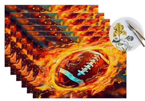 Rutschfeste, plistische PVC-Platzsets, 6er-Set, Flamme American Football im Cartoon-Stil, leicht zu reinigen, für Innen- und Außenbereich, waschbar, für Party, Küche, Esszimmer
