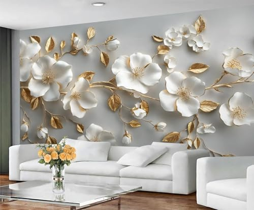 YXQAIED Wallpaper Photo Modern White Flower 400x280cm, Light Luxury Gold Leaf Wall Mural White Azalea Large 3D Murals for Living Room Decor (Not Peel and Stick)