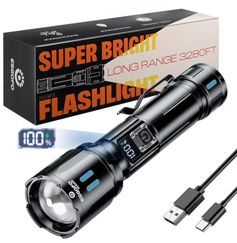 Esgofo Lampe Torche LED Ultra Puissante 1000000 Lumens, Lampe de Poche LED Rechargeable USB C Longue Distance Tactique Zoomable 3 Modes de Longue Durée 15H, pour le Camping Randonnée D'urgence