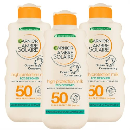 Garnier Ambre Solaire Sonnenmilch Ocean LSF 50 – hoher Schutz – wasserdicht – umweltfreundliche Formel – 200 ml (3 Einheiten)