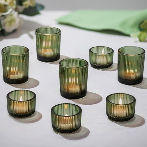 Hewory värmeljusglas grön värmeljushållare glas: uppsättning av 8 små ljusglas vintage värmeljus glas vindlampor bordsdekoration för vardagsrum dekoration juldekoration bröllop fest