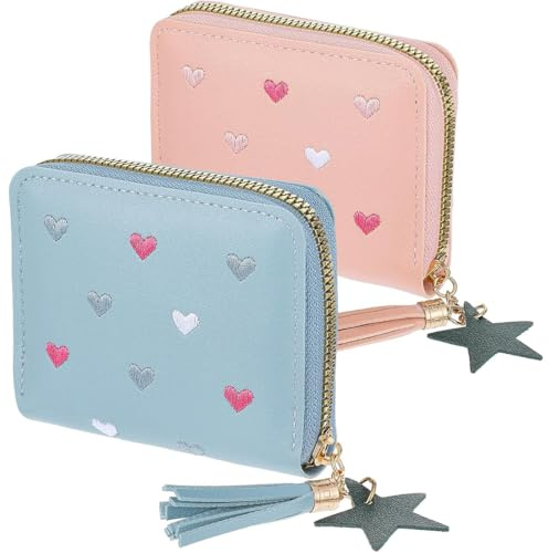 2 Stück Geldbörse für Mädchen, für Mädchentasche, 10 Jahre, niedliche kleine Geldbörse mit Quaste, Mini-Kartenetui für Mädchen, Brieftasche, Hellrosa und Blau