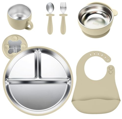 comeder Juego de alimentación de bebé de acero inoxidable, utensilios aptos para lavavajillas, platos divididos para suministros de destete LED para bebés de 6 a 12 meses (juego de 4)