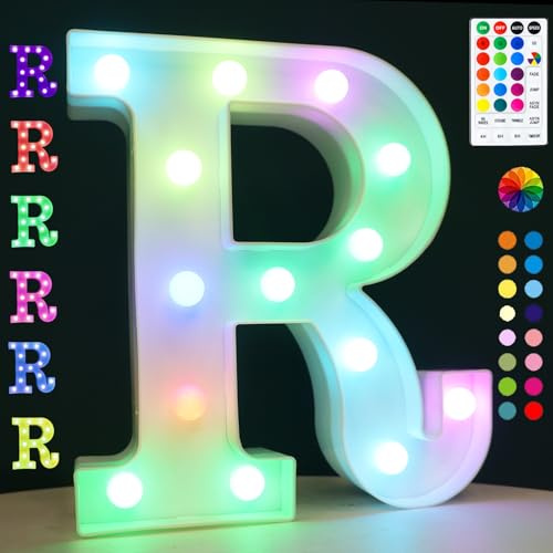 LED Buchstaben Lichter Alphabet, 18 Farblich Veränderbar Led Leuchtbuchstaben mit Fernbedienung Timer Nacht Lichter, Dekoration für Geburtstag Party Weihnachten Hochzeit Kinderzimmer - Buchstaben R