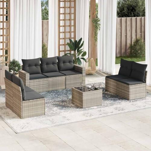 Frdhee Ecksofa Klein Eckbankgruppe,8-TLG. Garten-Sofagarnitur mit Kissen Hellgrau Poly Rattan,Außencouch für Balkon,Terrasse,Poolbereich
