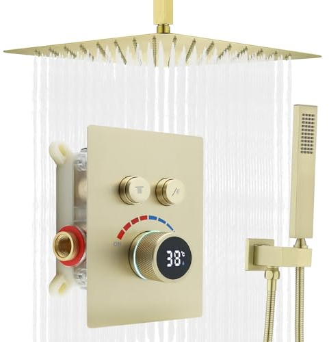 Delnet 16 Inch Brushed Gold Ceiling Mounted Rain Shower System with LED Temperature Display, Dual Functions (Overhead & Handheld) Simultaneous Use
