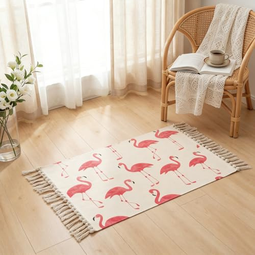 MORROWCAMP Boho Teppich klein 58 x 88 cm, Baumwolle Teppich Waschbar mit Quasten, Schmaler Kleiner Baumwollteppich für Wohnzimmer Schlafzimmer Flur, Handgewebter Boho Stil Teppich, Rosa Flamingo