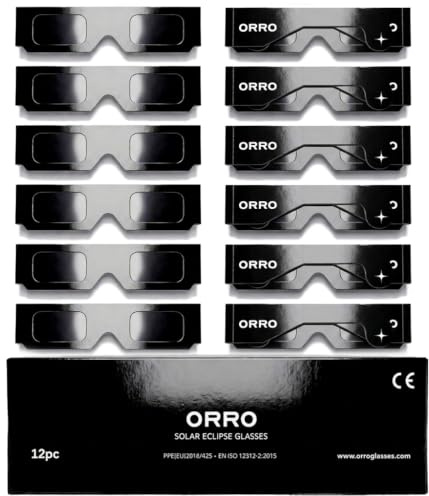 ORRO Gafas para Eclipse Solar de 37 mm, Pack de 2/6/12/50, Negras, Protección Ocular Certificada, Ensayadas según EN ISO 12312-2:2015, Marcado CE para Observación Directa del Sol - Ajuste Clásico