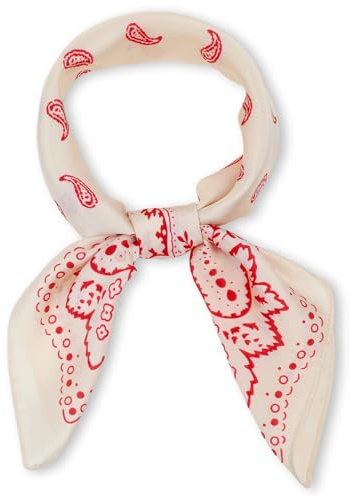 Shimmeroo Silk Neck Scarf for Women, 26.7 Inch Red and Beige Satin Printed Neckerchief for Women Hair, Soft Medium Square Bandanas