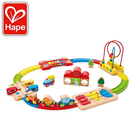 Hape Regenbogen-Puzzle Eisenbahnset – 30-teiliges Holz-Eisenbahnset mit Tierzug, Motorikschleife, Puzzle- und Klangelementen, ab 18 Monaten