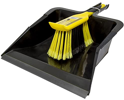CHARLES BENTLEY BULLDOZER Heavy Duty Dustpan And Brush Set With Stiff, Soft PVC Bristles, Serrated Edges, Front Scraper, Rubber Lip, Suitable For Garden And Indoor Use, Black And Yellow (44x28.5cm)