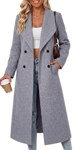 IDEALSANXUN Womens Vintage Double Breasted Long Wool Jacket Pea Coat, Grey, M