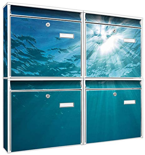 banjado Briefkastenanlage 4 Fach - Postkästen groß - verzinkter Stahl weiß DIN A4 Motiv Meer Sonne - Briefkasten Set 4 Briefkästen Namensschild, 2 Schlüssel, Montagematerial