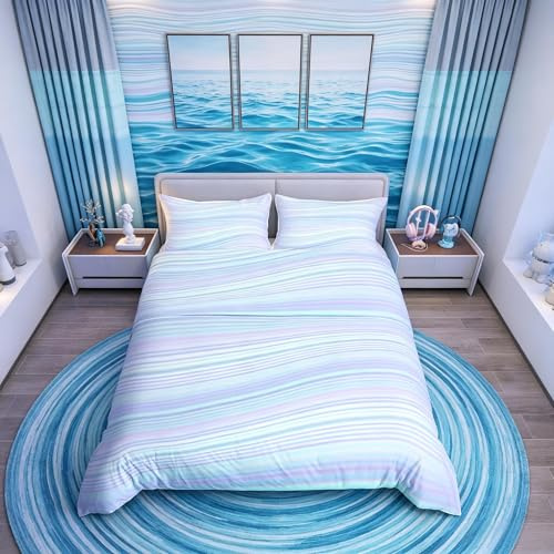 richhome Lilac Single Size Duvet Cover,Light Purple Blue Stripes Bedding Set 2pcs for Kids Adult,Boho Marble Chic Simple Style Comforter Cover Soft Quilt Cover Bedroom Decor Bedspread