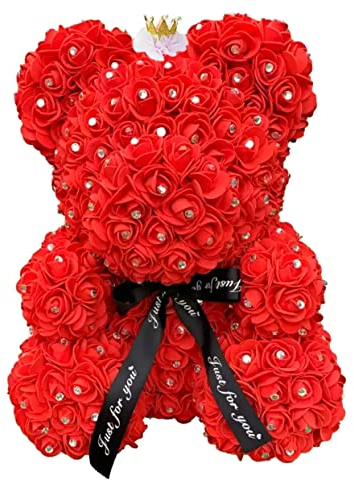 Rosalinda Schaumrosen-Bär in rot mit Strass und Krone im Geschenkbox Zum Valentinstag, Geburtstag, Geschenk-Idee, Muttertag...