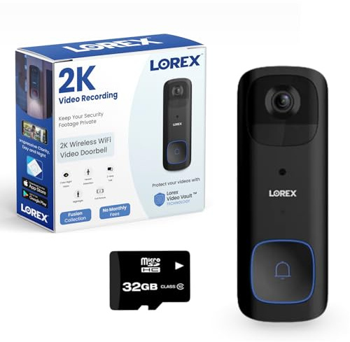 Lorex 2K Wireless WiFi Smart Video Doorbell Camera | No Subscription Fee | 32GB MicroSD Card Included | Smart Security Lighting | Night Vision | Battery-Powered | Motion Detection | Black