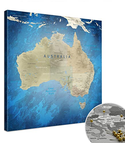 LANA KK - Premium Pinnwand Australienkarte - Meerestiefe - Englisch - in 50 x 50 cm, stabile Rückwand zum Pinnen inkl. Starterkit - Leinwand-Kunstdruck Wandbild Landkarte XXL