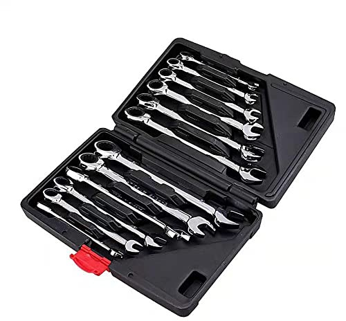 12 Pcs Fixed Head Ratcheting Wrench Set, 8-19mm Metric Chrome Vanadium Steel Ratchet Wrenches Combination Ended Spanner Kit with Storage Case