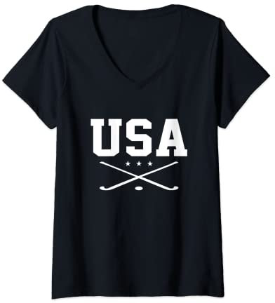Damen Hockeyschläger, Hockeyschläger, Grafik, USA, Hockey T-Shirt mit V-Ausschnitt