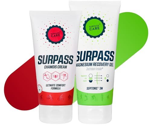 SURPASS – Set Soins pour Cyclistes – Crème Chamois & Gel Musculaire au Magnésium – Plus de Confort et de Performance sur les Longs Parcours – Anti-Frottements & Récupération Rapide – 170 ml + 200 ml
