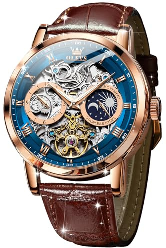 OLEVS Mens Automatic Watches Self-Winding Starry Sky Diamond Skeleton Luxury Wrist Watch Waterproof Luminous, Brown strap&Blue dial, Luxury Present Gift Business Casual Classic Party