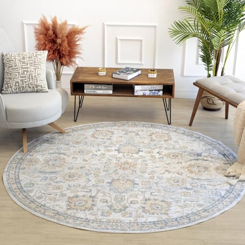 Livabliss Doha Teppich waschbar in der Waschmaschine - Vintage Teppich Groß für Wohnzimmer 200 cm, Schlafzimmer, Küche - Orientalischer Boho Teppiche, Elfenbein, Grau, Blau