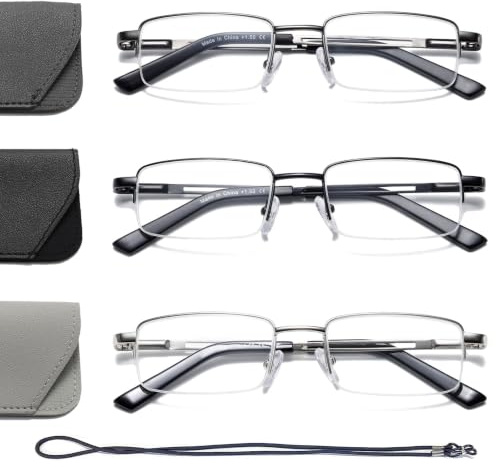 Hubeye 3 Pack Halbrahmen Lesebrille Herren und Damen aus Metallrahmen Federscharniere Halbbrille Lesehilfe Blaulicht Blockierende Computer Sehehilfe mit Brillenetui 1.50