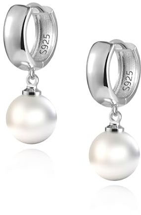 Silver 925 hoop örhängen med pärlhängen för kvinnor, silver 925 örhängen hängande spärlor droppar silver hoop örhängen örhängen båge örhängen silver dinglande pärlörhängen kvinnor tjejer kvinnor