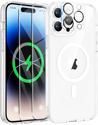 ORETECH für iPhone 14 Pro Max Hülle mit 2 Schutzfolie, Klar | Kameraschutz,Kompatibel mit Mag Safe,Stoßfest Kratzfest Transparent Rückseite Handyhülle für iPhone 14 Pro Max