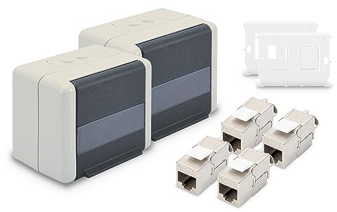 DIGITUS Netzwerkdose Outdoor IP44 (2 Stück) – Mit Halter für Keystone-Module (2 Stück) – Inkl. Cat 6A Keystone-Modul Netzwerkbuchse (4 Stück)