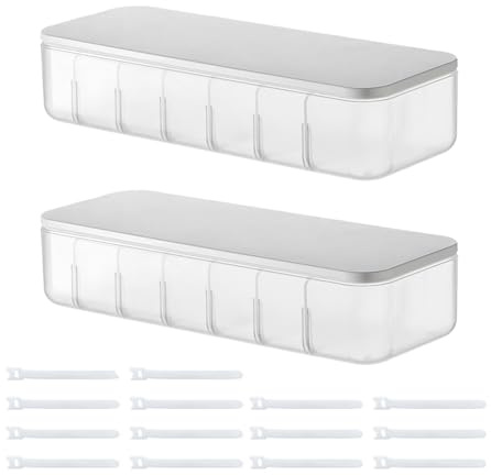 2 Stücke Kabel Aufbewahrungsbox, Kabel Organizer Box, Transparenter Cable Management Box mit 7 verstellbaren Fächern, inklusiv 14 Kabelbindern für Schreibtisch Aufbewahrung, Büro, Heimgebrauch