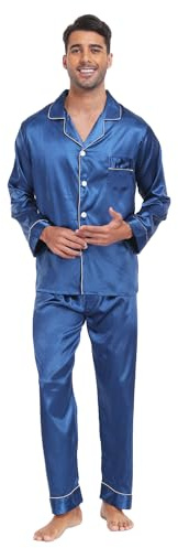 North Bund Pijama para Hombre Manga Larga Ropa De Dormir Cómodo Suave Conjunto Cintura Elástica Transpirable con Botones Seda Camiseta Casa Estar Invierno Primavera otoño Azul Oscuro 3XL