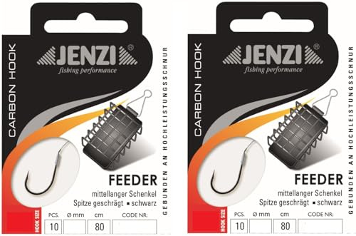 Set: 2 Packungen gebundene Feeder-Haken von Jenzi, Method Feeder (20 Stück) an Mono Schnur Vorfach - Haken fertig + gratis Petri heil! Aufkleber.