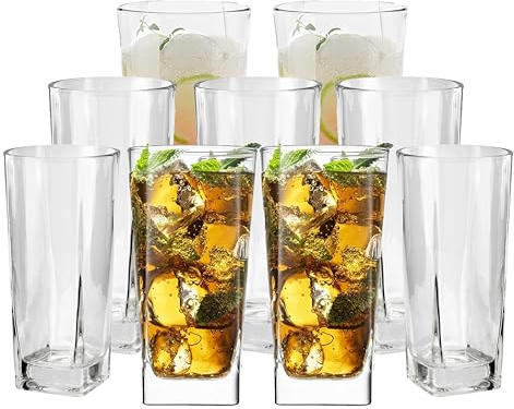 HOMESHOPA Tall High Ball Water Drinking Glasses Tumblers, 6 Pack 9oz Square Crystal Clear Hi Ball Gin Juice Cocktail Glassware Set, Half Pint Glass, Home, Restaurants & Parties, Dishwasher Safe