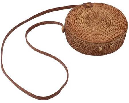 HOOLEEY Handgewebte runde Rattantasche im tropischen Strandstil, gewebte Schultertasche aus Rattan mit Lederriemen, 20 cm Durchmesser (Einfarbige Lederschnalle mit Futter)