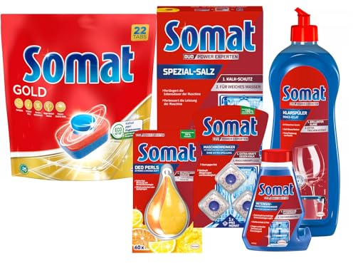 SOMAT Tabs 22 AW Gold, Geschirrspül Tabs für strahlend sauberes Geschirr, gegen Eingetrocknetes + Klarspüler + Intensiv-Maschinenreiniger + Spezial-Salz + Deo Perls + Maschinenreiniger