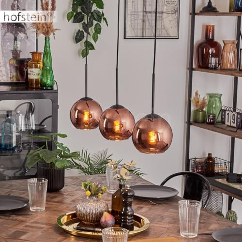 Pendelleuchte Koyoto, Pendellampe aus Metall/Glas in Schwarz/Kupferfarben, Leuchte im modernen Vintage-Design mit Schirmen aus Glas (Ø 20 cm), Höhe max. 132 cm, 3 x E27, ohne Leuchtmittel