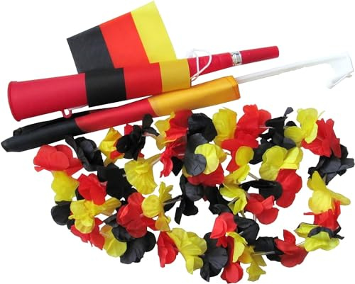 Deutschland Fußball Fanset, 1 Tröte, 1 Autofahne, 1 Hawaiikette für Hals und Stirn, 2 Handgelenksketten
