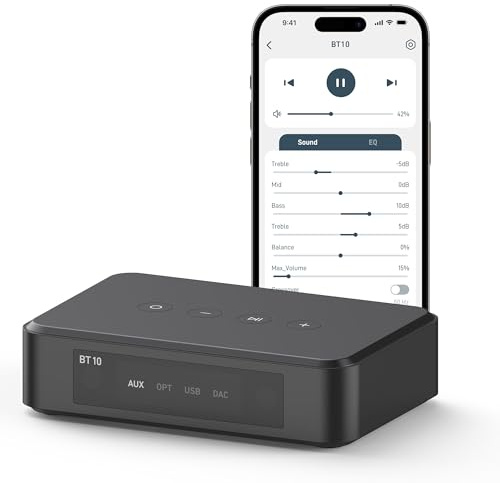 Arylic BT10 Trasmettitore e Preamplificatore Bluetooth, Supporta Musica ad alta Risoluzione aptX HD e bassa latenza aptX, Adattatore Audio Domestico per TV e PC con APP e telecomando.