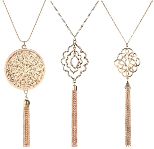 Flongo Y- Form Halskette mit Quaste für Damen: 3 Stück Gold Keltische Knoten Boho Pullover Kette Runde Blume Quaste Anhänger lange kette für Frauen