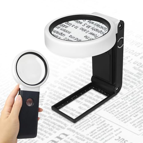 Wantli Lupe mit Licht und Ständer, 6-25X fache Vergrößerung, Faltbare Leselupe mit 6 LED-Licht, Glas-Handlupe Leselupe, Hohe Klarheit & Leichtgewicht, für Senioren, Juwelier, Handwerk, Bücher, Münzen