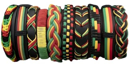 XNHIU 10pcs Rastafarian Bracelets Adjustable Drawstring Wristband Rasta Bob Marley Leather Woven Bracelet Jamaica Rope Bracelet for Women Men