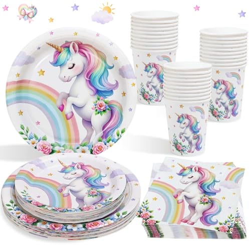 Heboland Einhorn Deko Kindergeburtstag Pappteller Set für 25 Gästen, 100pcs Einhorn Pappteller Pappbecher Servietten für Einhorn Party Deko Mädchen