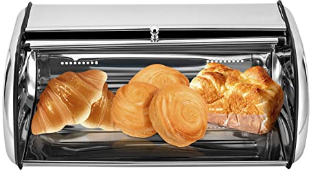 Brödlåda i rostfritt stål, brödlåda med visningsfönster, förvaringslåda för bröd, bröd och kex, brödbehållare med optimal luftcirkulation, brödförvaring, rullbrödlåda, rymlig och modernt bröd