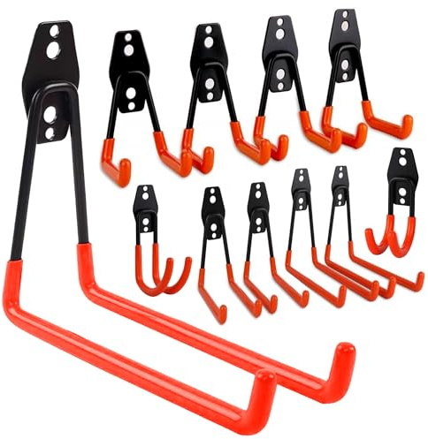 Steel Garage Hooks 10 Pack, Heavy Duty Wall Mounted Utility Storage Hooks | Rubber Coated Anti Slip Metal Shed Organizing Hanging Power Tools Hooks for Ladder Bike Garden Garage