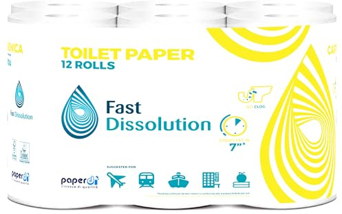 Paperdi Camping Toilettenpapier selbstauflösend in nur 7 Sekunden, 12 Rollen, hautfreundlich & umweltfreundlich – Perfekt für Camping, Wohnmobile, öffentliche Einrichtungen | hautfreundlich & umweltfreundlich – Perfekt für Camping, Wohnmobile, öffentliche Einrichtungen